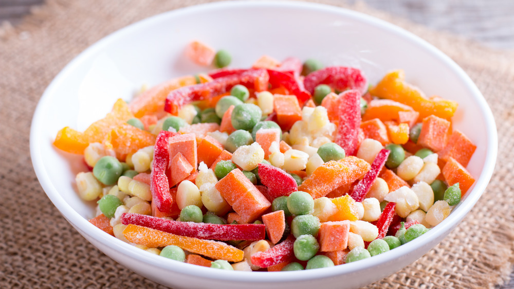Frozen vegetables in white bowl