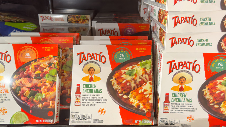 Tapatio chicken enchiladas on freezer shelf