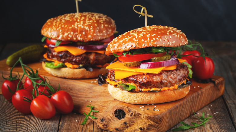 Hamburgers on a wooden board