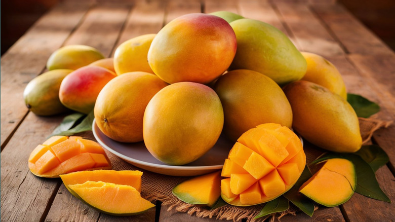Whole and cut mangoes on plate on wood surface