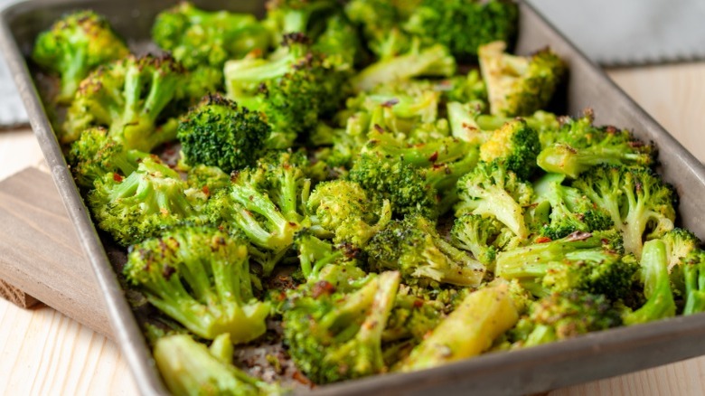 Roasted broccoli in a pan