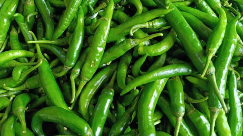 Pile of green chilis up close