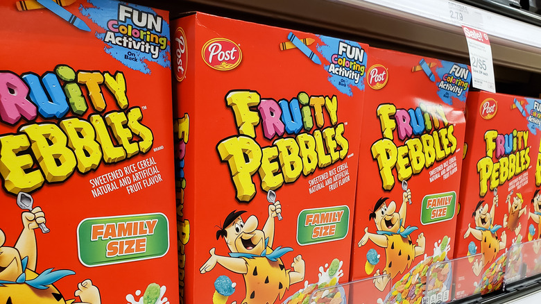 Boxes of Fruity Pebbles cereal at a supermarket