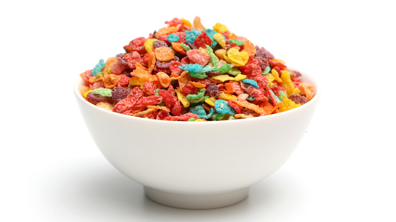 Fruity Pebbles cereal in white bowl