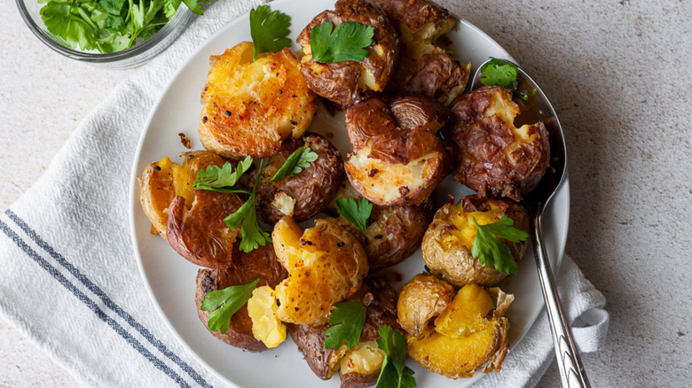 smashed potato on a plate 