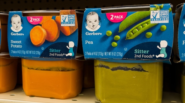 Packets of Gerber baby food on shelf