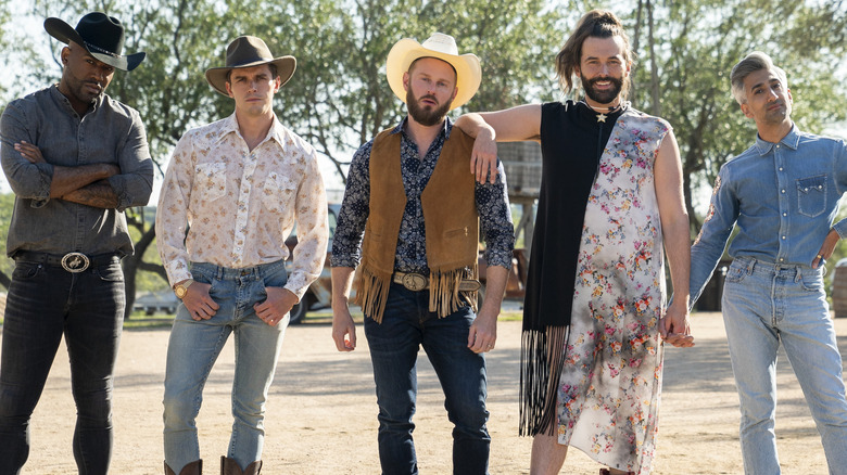 Karamo Brown, Antoni Porowski, Bobby Berk, Jonathan Van Ness, and Tan France smiling