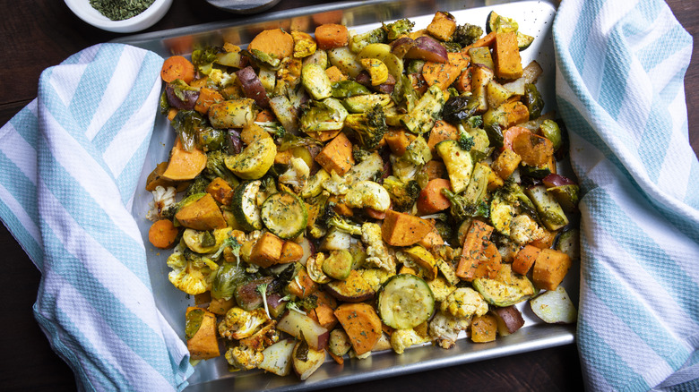 A sheet of roasted vegetables