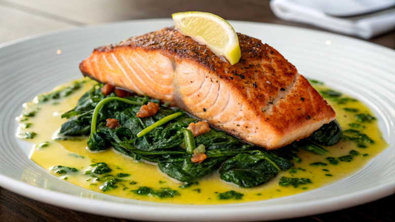 Seared salmon on a bed of spinach and melted butter