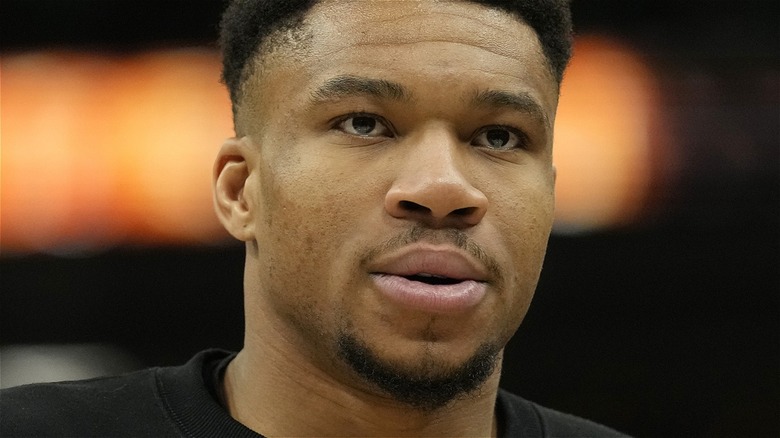 Giannis Antetokounmpo with his mouth ajar