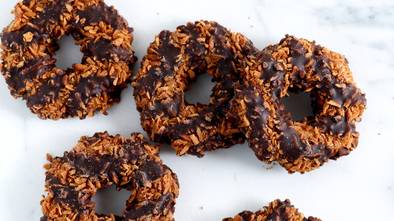 Samoa Girl Scout cookies on white surface