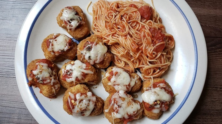 Pasta with chicken nugget parm bites