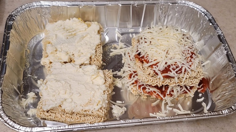 Uncooked ramen noodle lasagna in pan