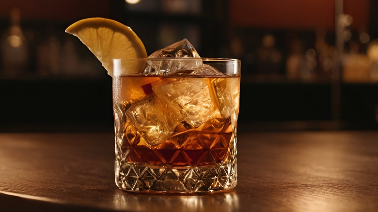 Old fashioned cocktail on wooden table