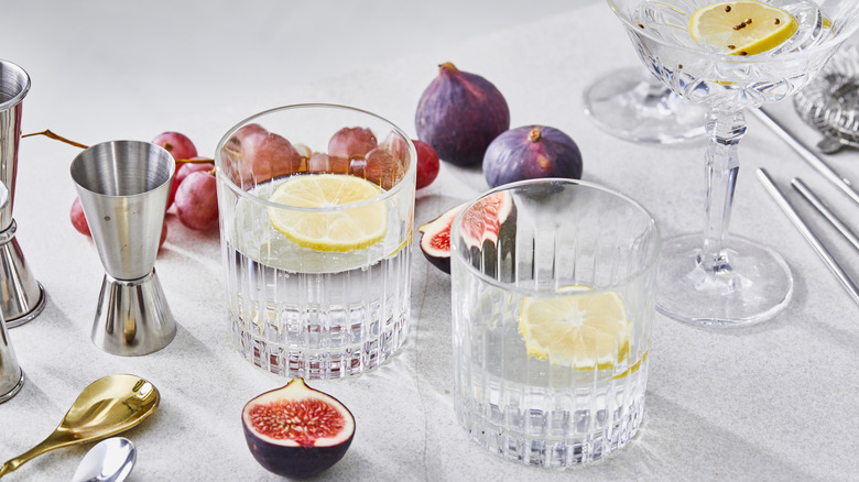 Vodka with lemon, surrounded by fruits