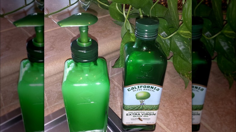Soap dispenser made from a bottle of olive oil