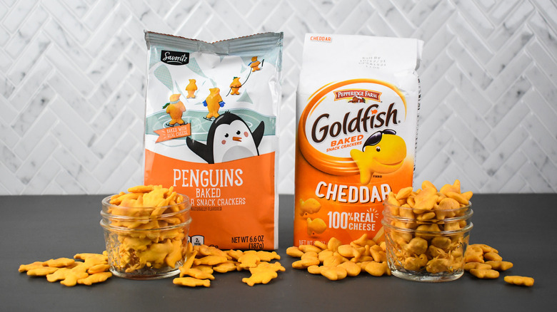 Bags of Goldfish and Penguins cheddar crackers