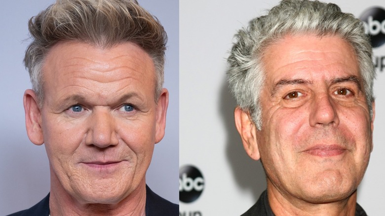 Headshots of Gordon Ramsay and Anthony Bourdain on the red carpet