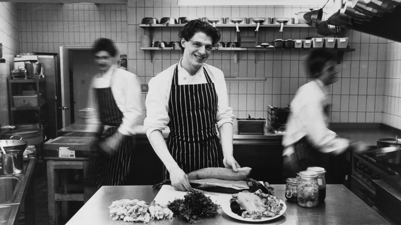 Marco Pierre White prepping in Harveys restaurant kitchen