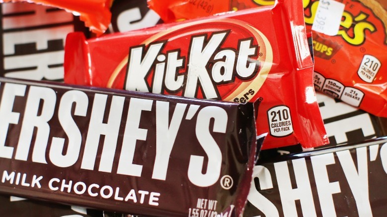 Assorted Hershey candies in a pile