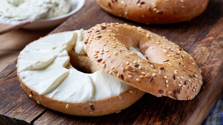 A bagel with cream cheese