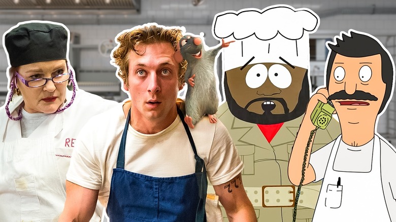 Various fictional chefs before kitchen background