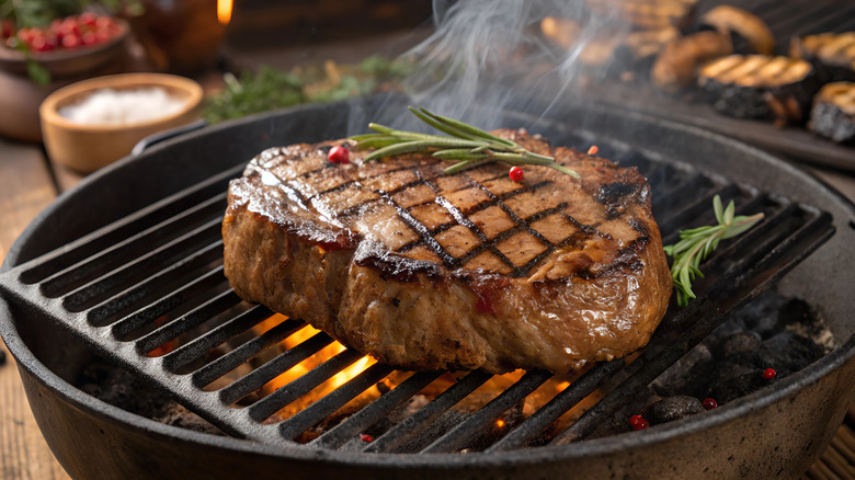Steak cooking on outdoor grill.