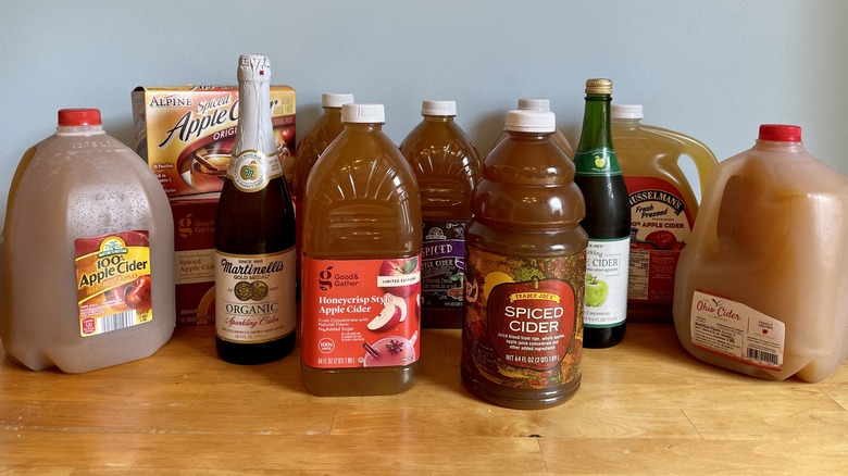 Rows of different grocery store ciders in a row