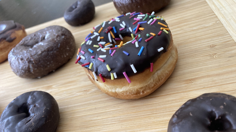 close up of chocolate donuts