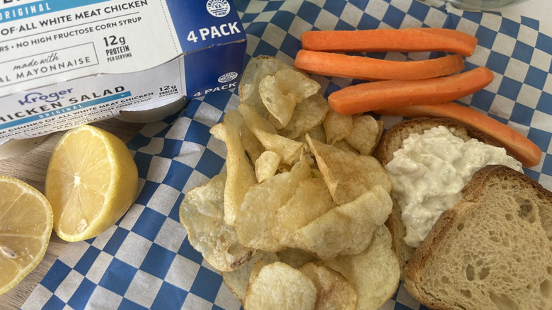 Kroger Chicken Salad with carrot sticks, chips, and gluten-free bread on the side