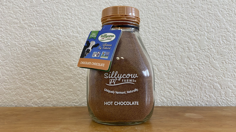 glass jar of Sillycow hot chocolate mix