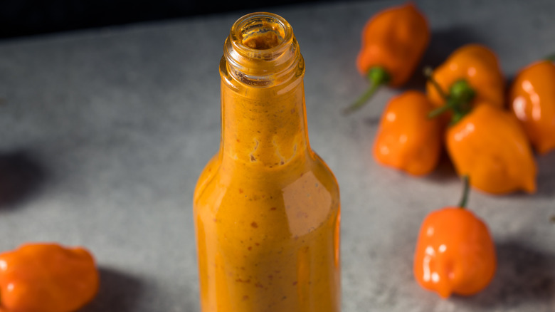 hot sauce bottle with habaneros