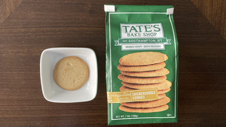 Tate's Bake Shop snickerdoodles in green packet and a cookie in a bowl