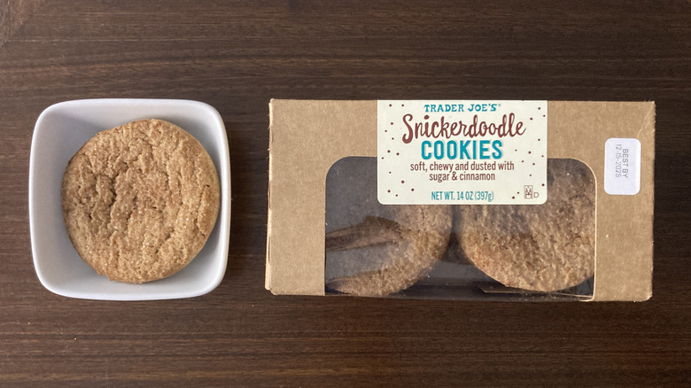 A box of Trader Joe snickerdoodles and a cookie in a bowl