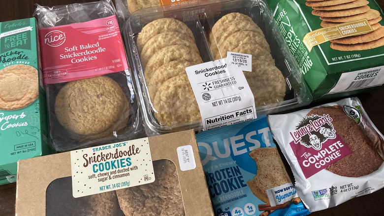 Several different brands of grocery store snickerdoodle cookies in packaging
