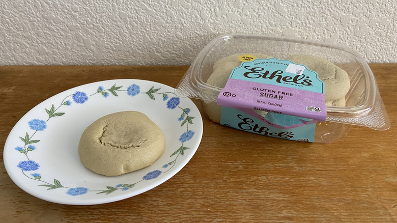 Ethel's sugar cookie box beside single plated cookie