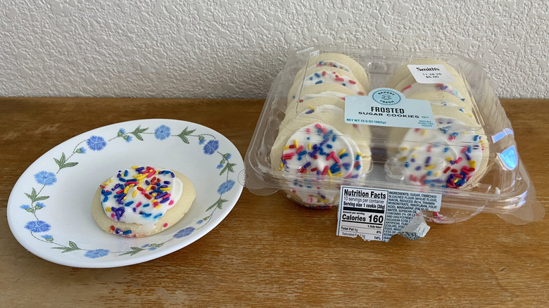 Bakery Fresh sugar cookie box beside single plated cookie