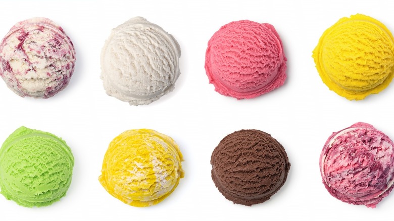 An array of ice cream scoop flavors on white background