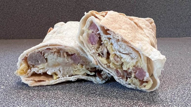 All-American inspired breakfast burrito cut in half