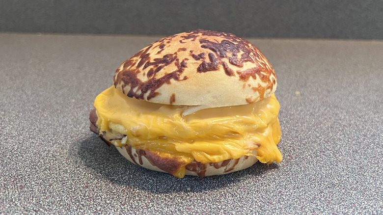 Denver omelet on a cheddar bun sandwich