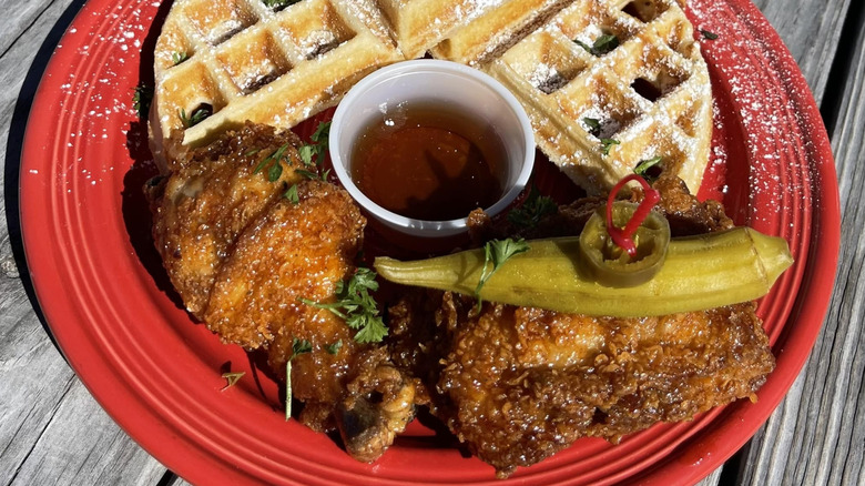 A Roost Fried Chicken chicken and waffle plate.