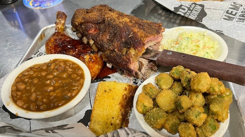 Ribs, chicken, baked beans, cornbread, coleslaw, fried okra, and pork rinds from Memphis Barbecue Co.