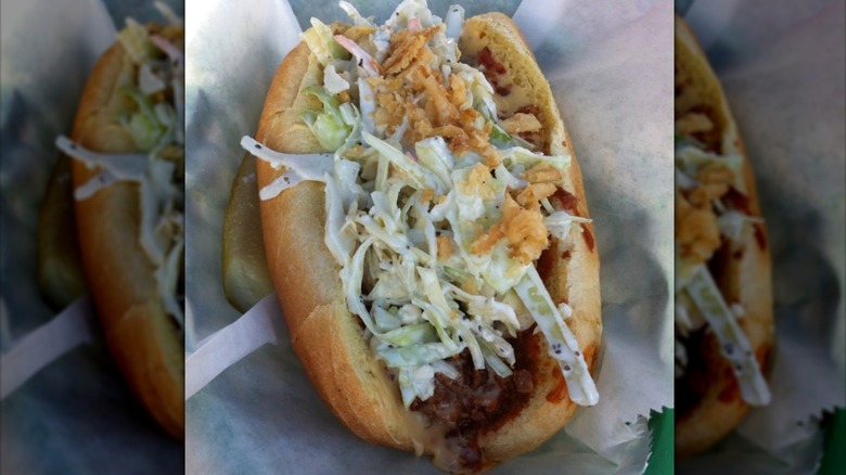 Perfectly Frank's hot dog with crispy onions and coleslaw