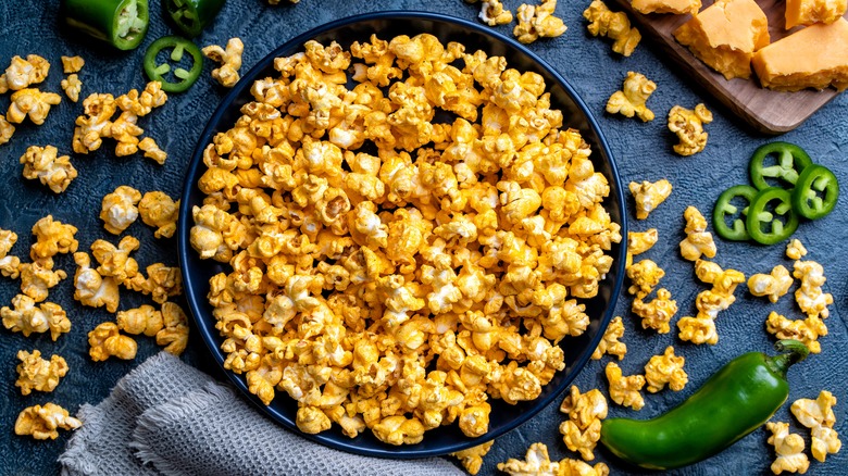 owl of popcorn with cheese and jalapeno
