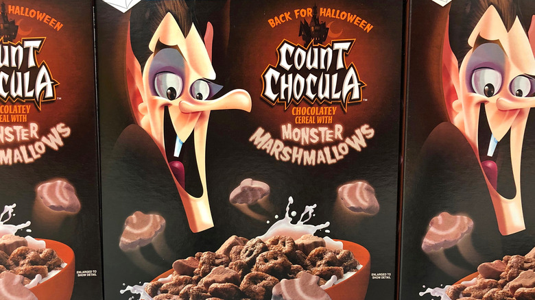 Grocery store shelf with General Mills brand cereal, Count Chocula. Chocolatey cereal with Monster marshmallows. 