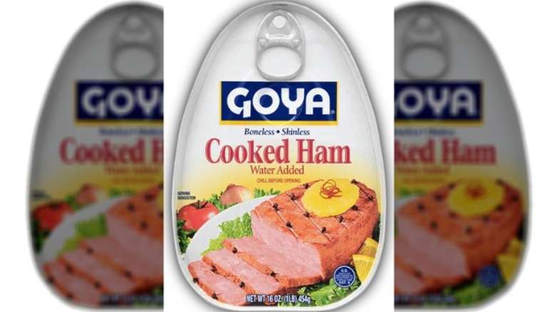Can of Goya cooked ham on a white background