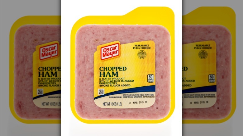 Package of Oscar Mayer chopped ham on a white background