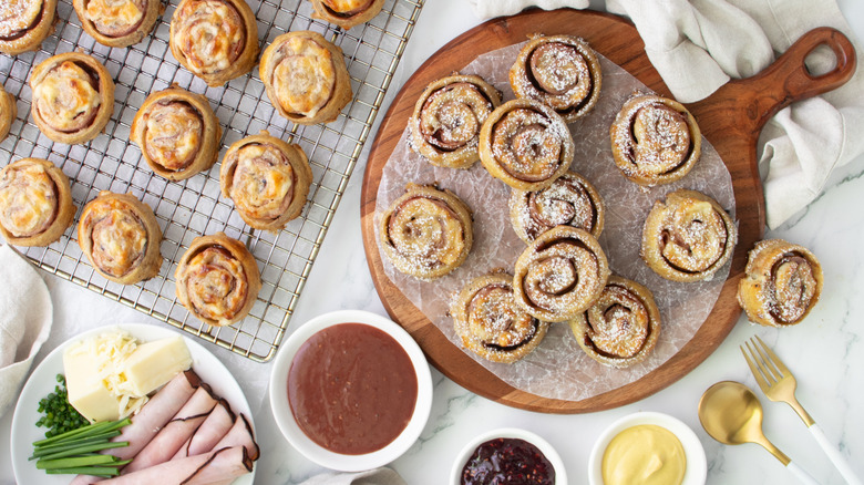 Monte cristo pinwheels on wire rack and wooden serving board