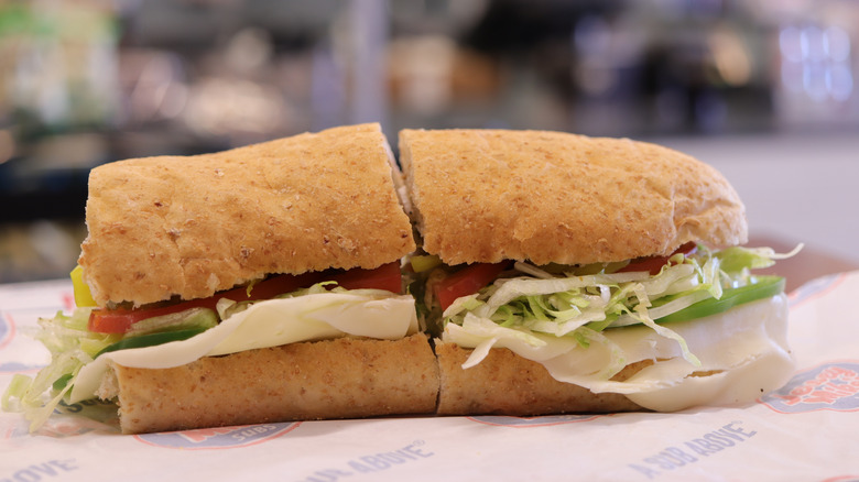 Close-up of a Jersey Mike's sandwich laid out over the wrapping paper