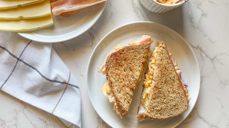 turkey Reuben sandwich on plate